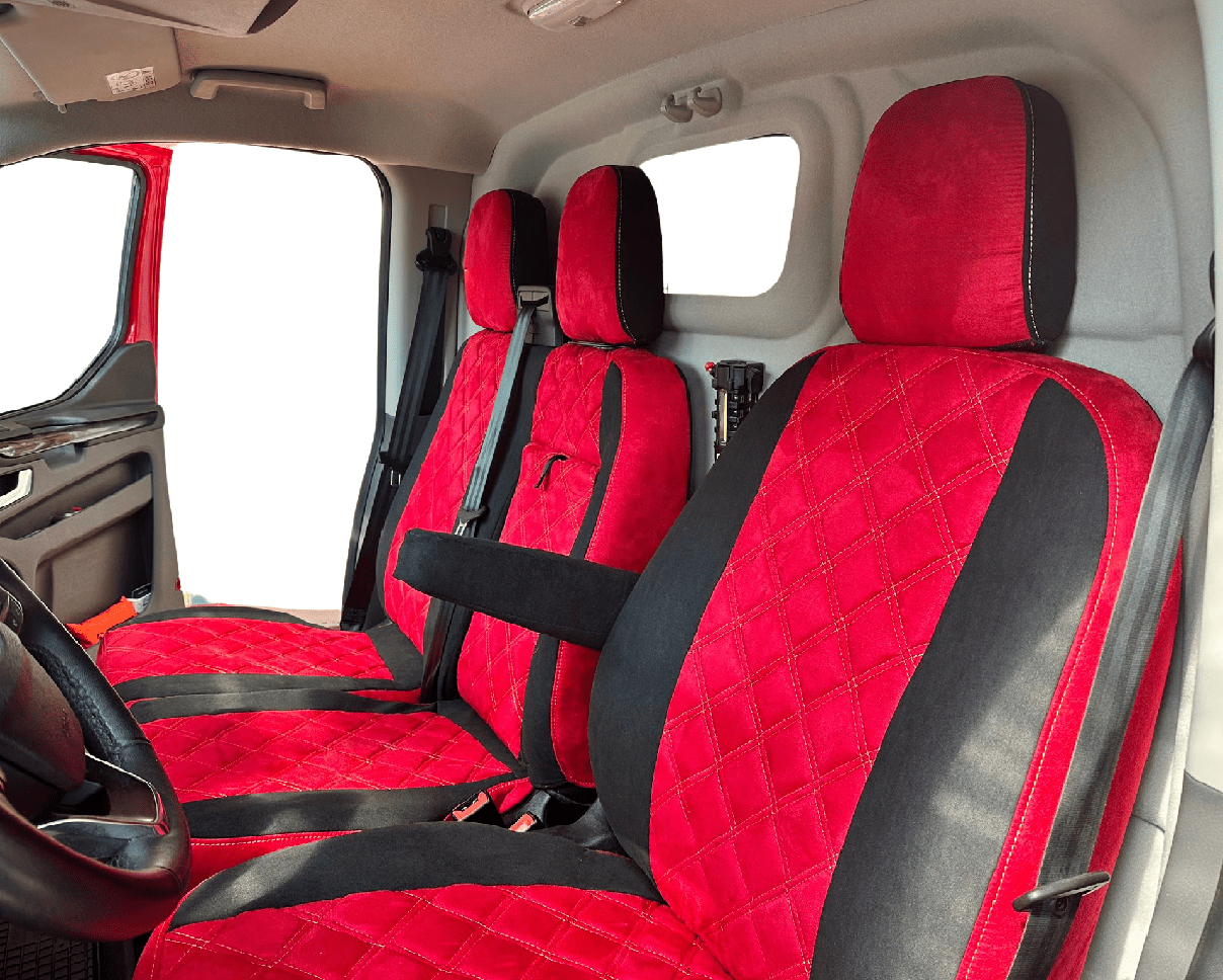 Ford Transit Custom Sitzbezuege Antarrlook Rot Schwarz 3 Sitzer Innenraum Links