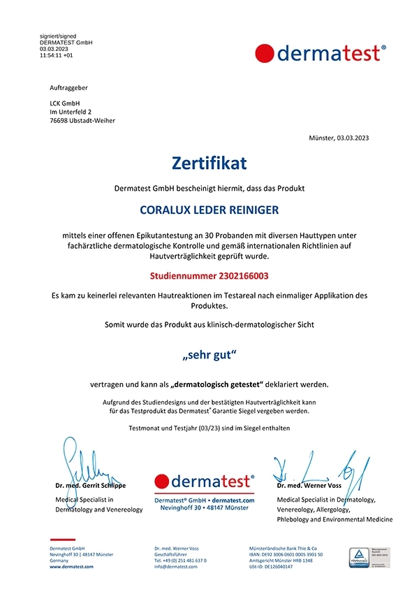 Dermatest Zertifikat für den CORALUX Lederreiniger mit Bewertung sehr gut
