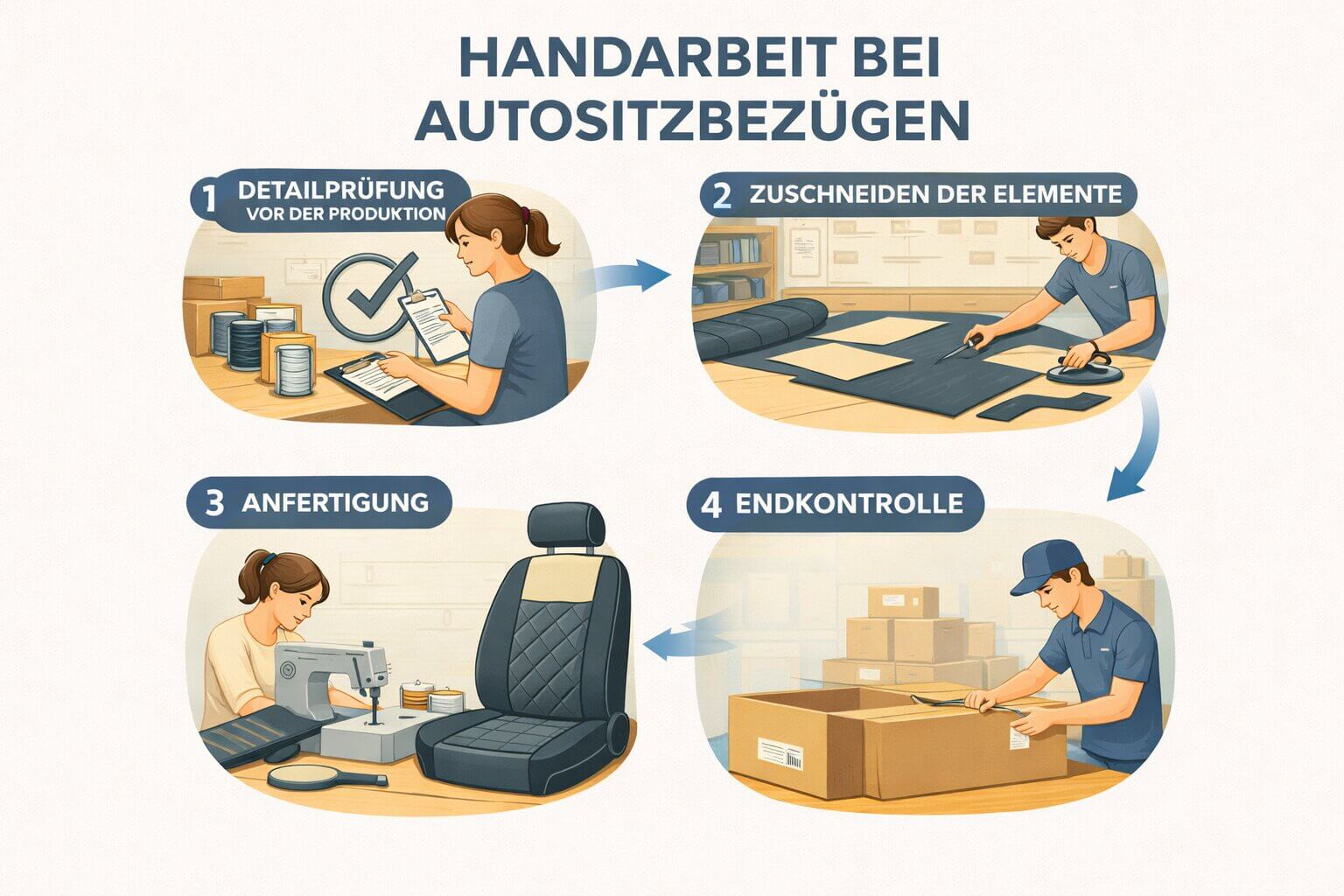 Autositzbezüge nach Maß in Handarbeit – Detailprüfung vor der Produktion, Zuschneiden der Elemente, Anfertigung und Endkontrolle mit Versand