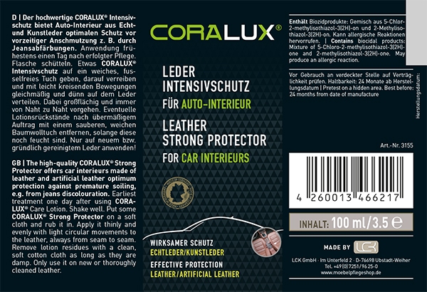 CORALUX Leder Intensivschutz für Echtleder und Kunstleder im Auto-Innenraum