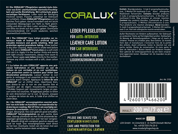 CORALUX Leder Pflegelotion für die Pflege und den Schutz von Auto-Interieur aus Echtleder und Kunstleder