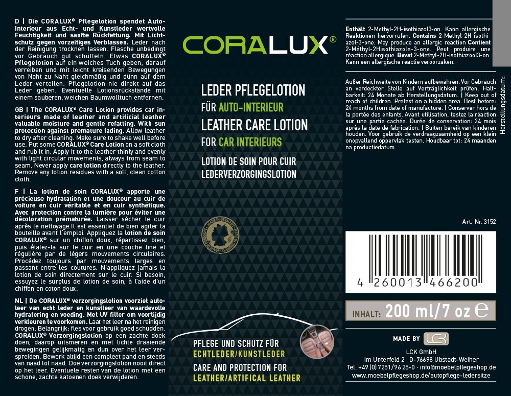 Rückseite der CORALUX Lederpflege für Auto-Interieur mit Anwendungshinweisen