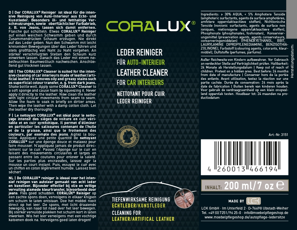 CORALUX Lederreiniger für Auto-Interieur zur Reinigung von Echtleder und Kunstleder