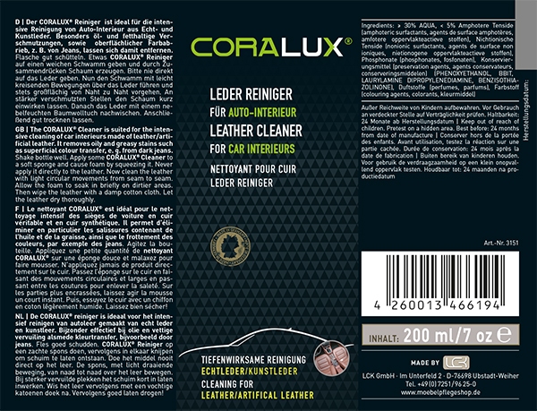 CORALUX Lederreiniger für die Reinigung von Echtleder und Kunstleder im Auto-Innenraum