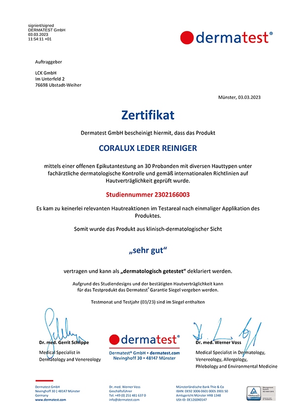 Dermatest Zertifikat für den CORALUX Lederreiniger mit Bewertung sehr gut