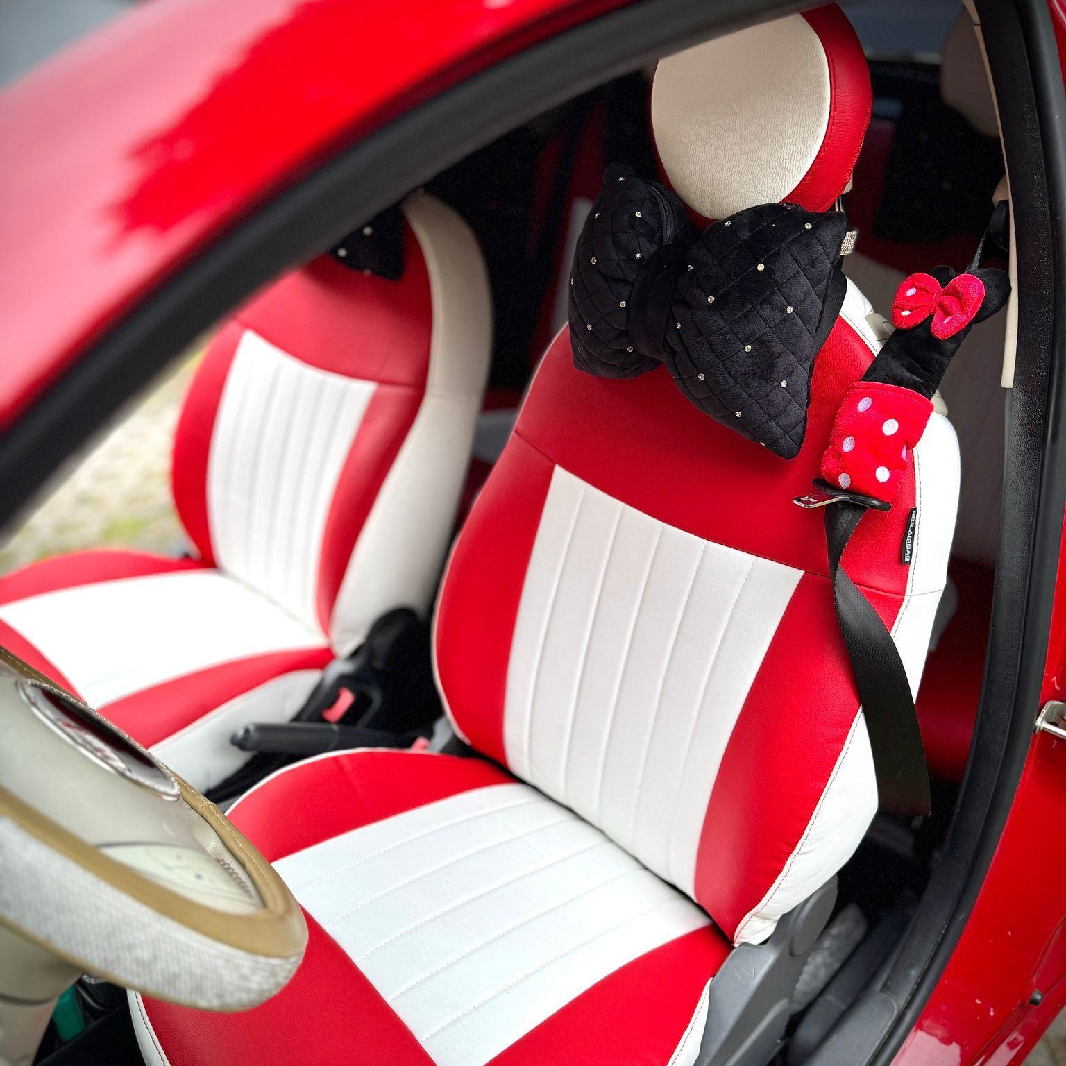 Fiat 500 Sitzbezuege Rot Weiss Vordersitze