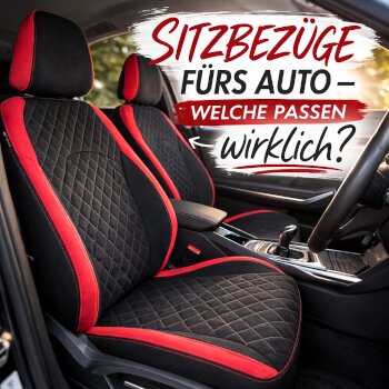 Sitzbezüge fürs Auto – Beispiel für passgenaue Autositzbezüge mit sportlichem Design in Schwarz und Rot.